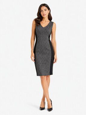 IRIS SETLAKWE WOOL LINEN BLEND GREY CHEVRON BLACK RIBBED INSERTION FORMAL DRESS